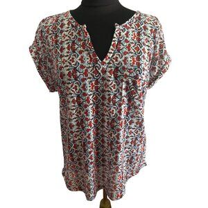 Dept. 222 Womens Short Sleeve V Neck Red & Blue Lightweight Patterned Top Small